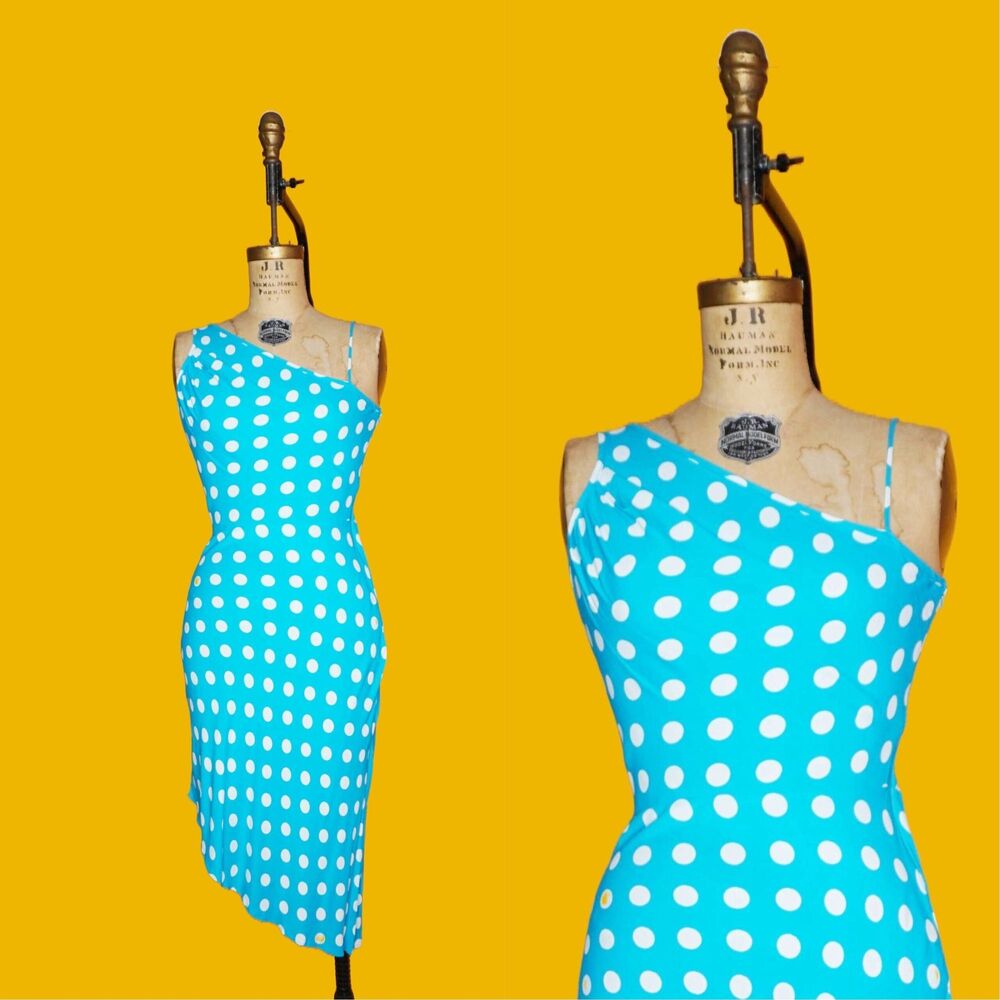1990s-Y2K SELECTIONS ASYMMETRICAL One Shoulder Polka Dot Draped Slip Dress. XS-S